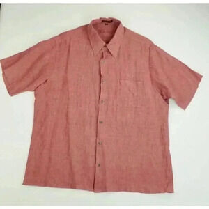 Tasso Elba Size Large Mens Luxury Linen Short Sleeve Maroon Pocket Shirt